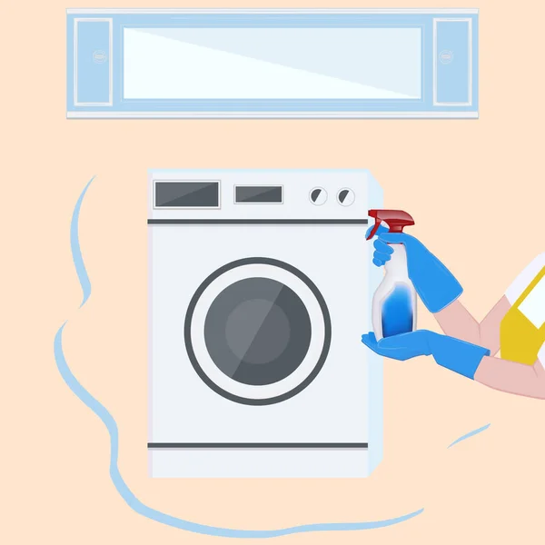 洗濯機 女性の手で洗浄するためのスプレー ベクトル 家庭用 家電製品だ — ストックベクタ