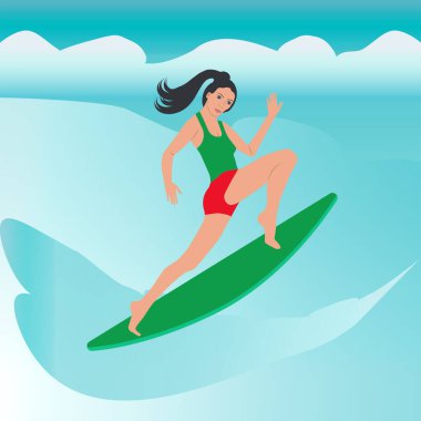 Sörfçü - deniz manzarası, dalga, bulut - vektör. Seyahat et. Ruh Sağlığı