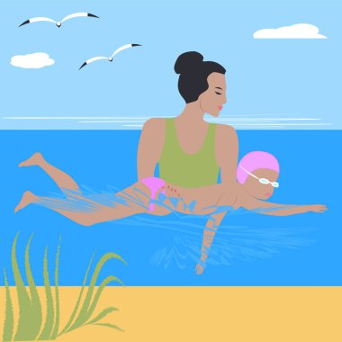 Kadın bir çocuğa yüzmeyi öğretir - deniz, martı, sahil - vektör. Çocuklarla ilgilenmek. Ruh Sağlığı