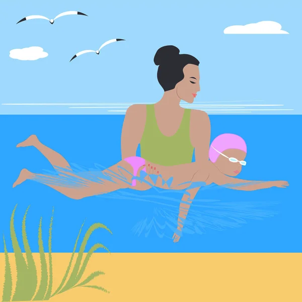 Γυναίκα Διδάσκει Ένα Παιδί Κολυμπά Θάλασσα Γλάρος Ακτή Διάνυσμα Φροντίδα — Διανυσματικό Αρχείο