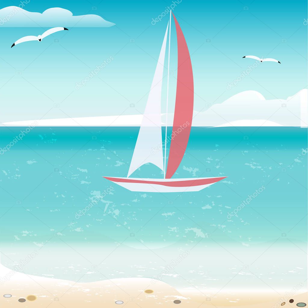 Seascape - sailing boat, seagull, wave, clouds, shore - vector. Travel