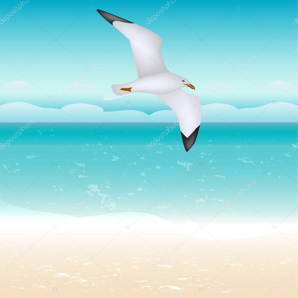 Seascape - big gull, wave, clouds, shore - vector. Travel