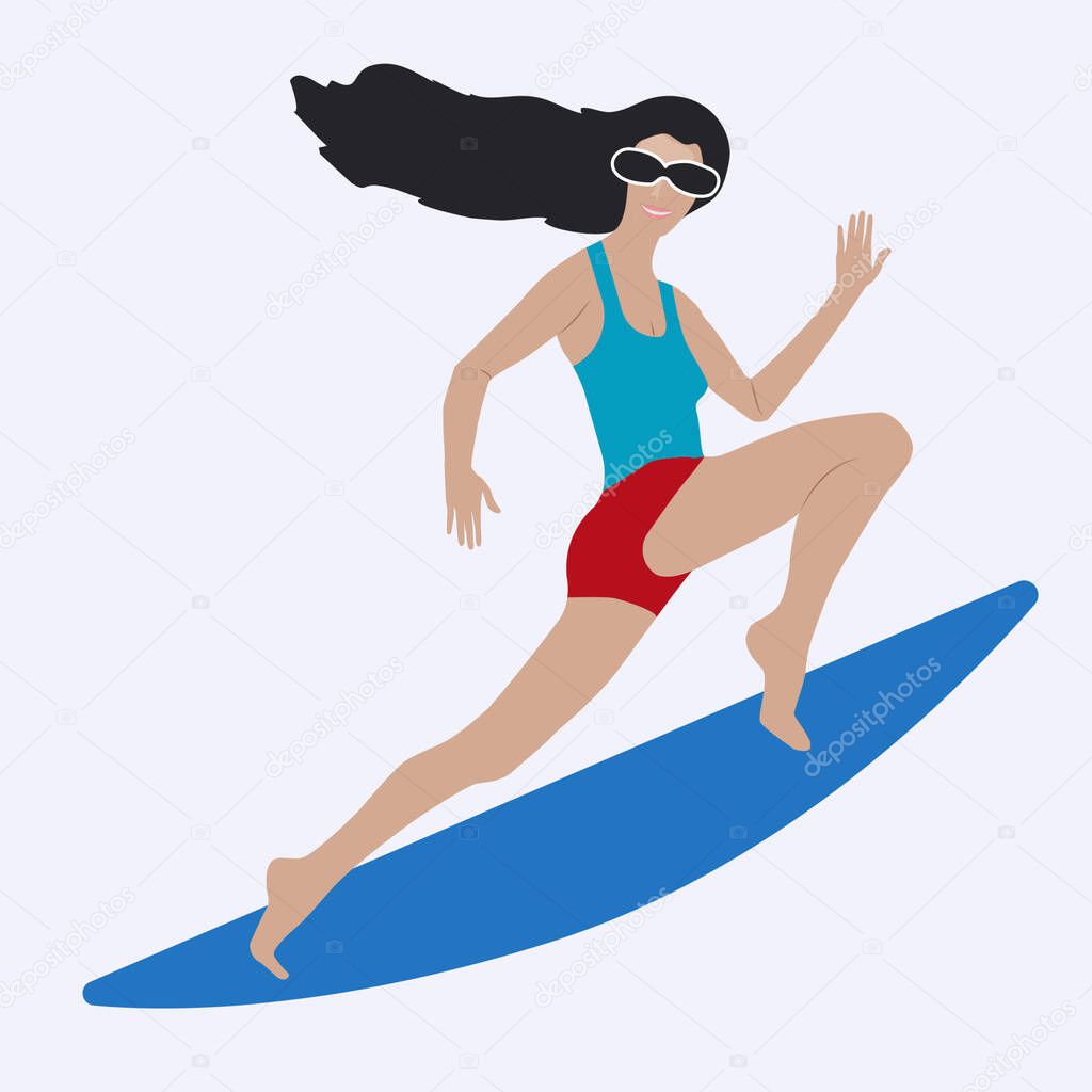 Surfer - charming woman in sunglasses isolated on a white background - vector. Travel. Mental health
