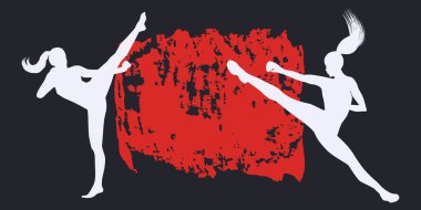Karate - dövüşen iki kadın - soyut grunge tarzı arka plan - vektör. Harekete geçmek için motivasyon. Spor afişi