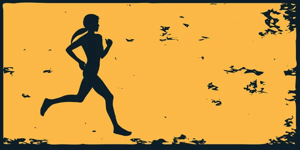 Runner Femme Jogging Abstrait Grunge Jaune Fond Noir Vecteur Motivation — Image vectorielle