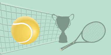 Tenis - net, sarı top, raket, bardak - hafif arka plan - vektör. Spor Afişi