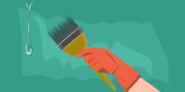 DIY ev tamiri. Eldivendeki kadın elinin boya fırçası, damlayan bir boya damlası - soyut arkaplan - vektör. Pankart