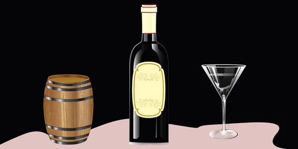Barril Con Aro Botella Con Etiqueta Copa Con Vino Tinto — Archivo Imágenes Vectoriales