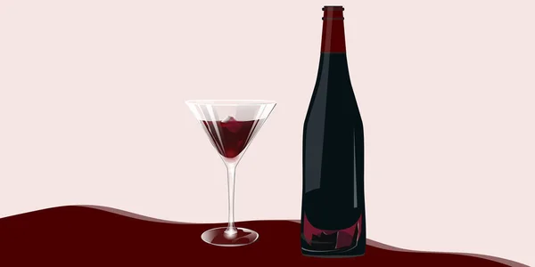 Botella Del Vino Tinto Con Decoración Copa Transparente Con Bebida — Vector de stock
