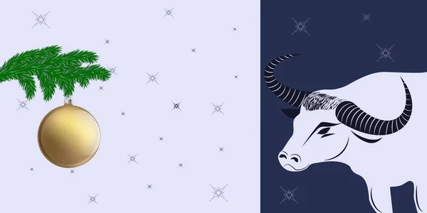Rama Del Árbol Navidad Bola Oro Toro Blanco Con Cuernos — Vector de stock