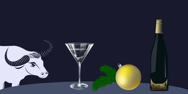 Boğa Bir Şişe Şarap Bir Bardak Bir Noel Topu Illüstrasyon — Stok Vektör