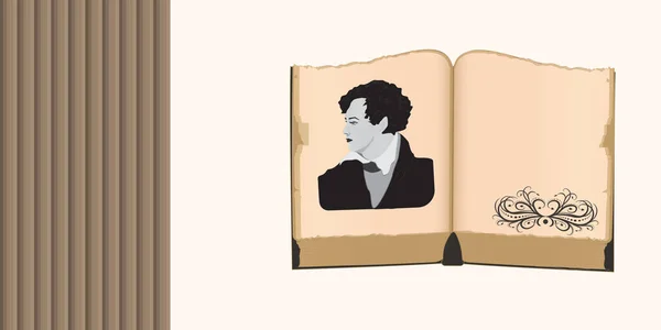 Livro Velho Aberto Retrato Poeta Perfil Decoração Vintage Vetor Literatura —  Vetores de Stock