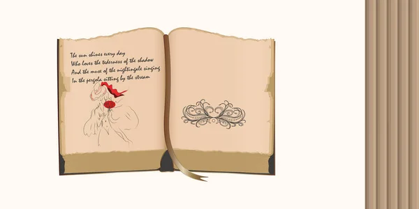 Libro Viejo Diario Personal Abierto Dibujo Una Figura Femenina Poesía — Vector de stock