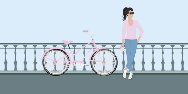 Chica Con Una Bicicleta Para Puente Vector Día Mundial Libre — Vector de stock