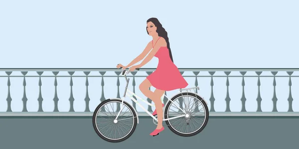 Mujer Una Bicicleta Paseos Puente Vector Día Mundial Libre Coches — Vector de stock