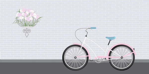 自転車は街の通りに立っています レンガの壁 花で花瓶をぶら下げ ベクトル 車の無料日 — ストックベクタ