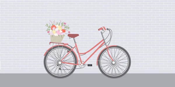 Bicicleta Cesta Con Flores Encuentra Una Calle Ciudad Pared Ladrillo — Vector de stock