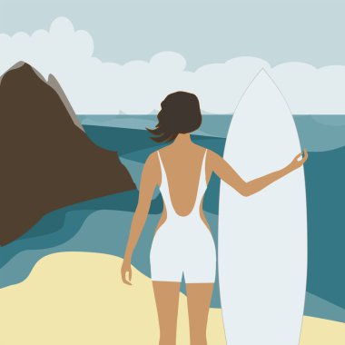 Sörf tahtası olan kız, arka plan - deniz manzarası, dağlar soyut arkaplan - vektör illüstrasyonu.