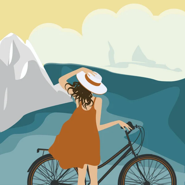 Девушка Шляпе Велосипедом Прогулке Морской Пейзаж Горы Абстрактный Фон Векторная — стоковый вектор