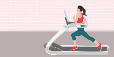 Koşu bandı - kadın egzersiz yapıyor - beden eğitimi - vektör. Fitness. İç mekan