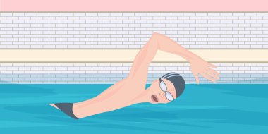 Adam kurbağalama yüzüyor, havuz, vektör. Su sporu. İç mekan