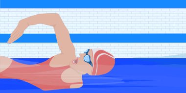 Kadın havuzda yüzüyor - kelebek stili - vektör. Su sporu. İç mekan