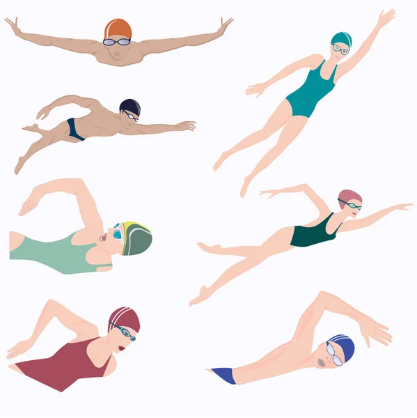 Nadadores Conjunto Sete Figuras Isolados Sobre Fundo Branco Vetor Desporto — Vetor de Stock