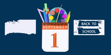 Masa takvimi 1 Eylül, Kırtasiye, okul malzemeleri - vektör. Okula geri dön..