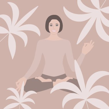 Yoga. Neşeli, gülen bir kadın, soyut yaprakların arka planı olan Lotus pozisyonunda oturur. Ruh Sağlığı.