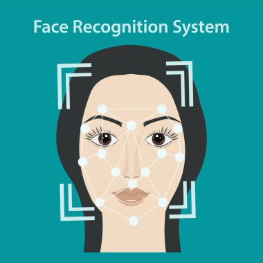 Yüz tanıma sistemi. Biyometrik yüz tanımlaması olan kız - vektör.