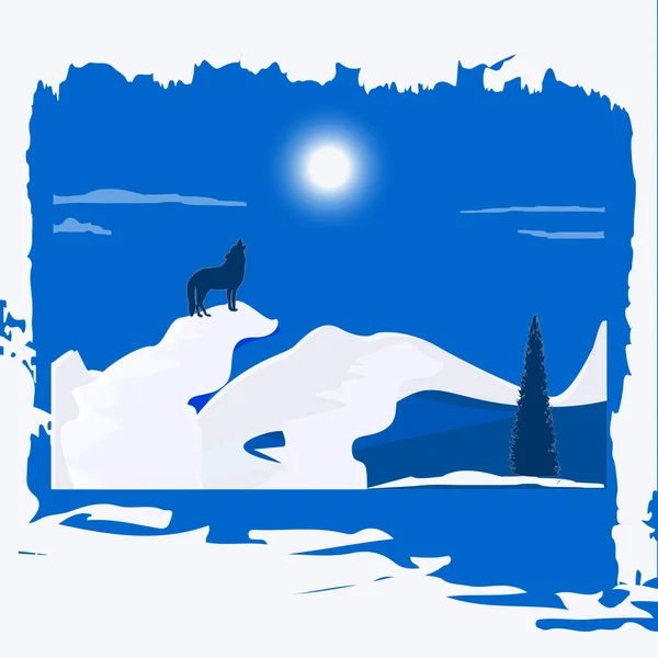 Paysage Hivernal Nuit Loup Lune Neige Coup Pinceau Original Vecteur — Image vectorielle
