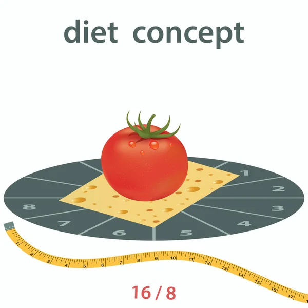 Dieta Posty Przerywane Godzina Pomidor Ser Taśma Pomiarowa Izolowane Białym — Wektor stockowy