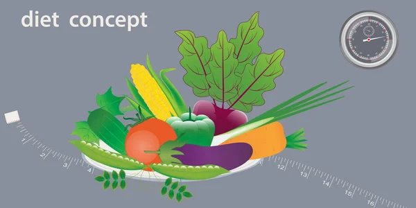 Mosogatás Zöldségekkel Stopper Mérőszalag Vektor Diétás Fogalom Időszakos Koplalás — Stock Vector