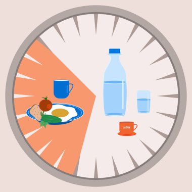Intermittent fasting - water bottle, glass, 16 and 8, meat, scrambled eggs, vegetables,, knife - vector. Diet banner concept clipart