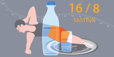 Intermittent fasting - man doing handstand, watch, water bottle, glass, 16 and 8 - vector. Diet concept clipart
