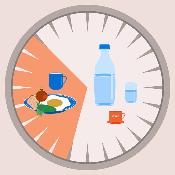 Intermittent fasting - water bottle, glass, 16 and 8, meat, scrambled eggs, vegetables,, knife - vector. Diet banner concept