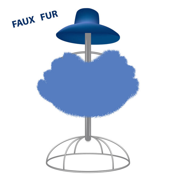 Boa - blue faux fur with long pile, elegant hat on a metal rack - vector. Fashion.