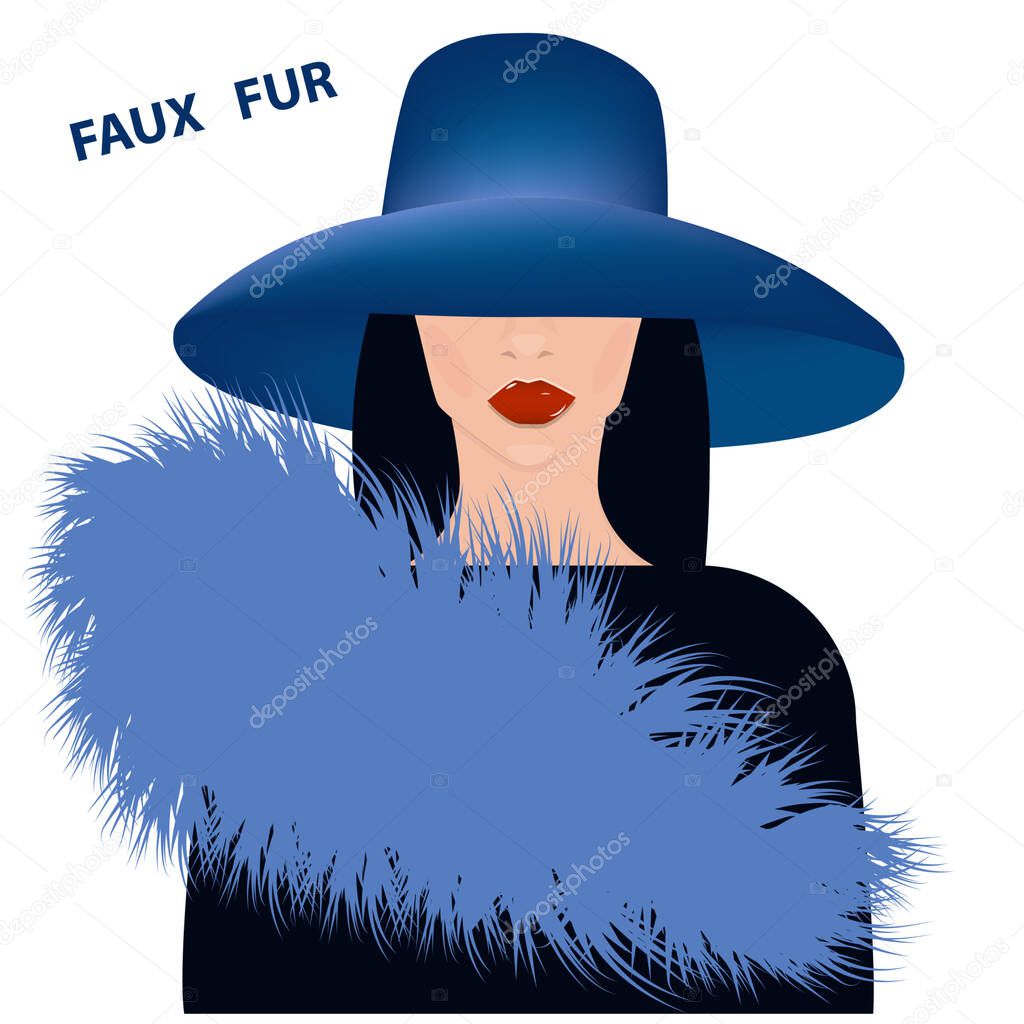 Faux fur blue collar with a long pile, woman in an elegant hat - vector. Fashion.