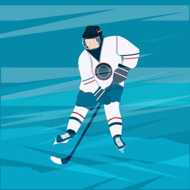 Kasklı hokey oyuncusu, golf sopası - soyut buz pisti - vektör. Kış sporları