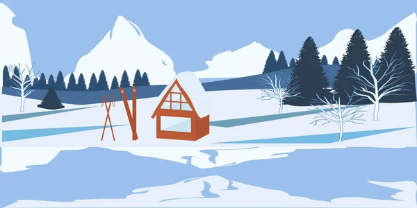 Зимний Пейзаж Загородный Дом Лыжи Еловые Леса Горы Абстрактная Иллюстрация — стоковый вектор