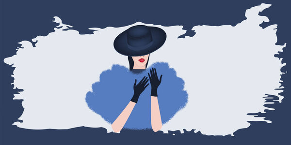 Lady in an elegant hat and boa. Artificial fur, long pile - abstract background - vector. Beauty Fashion. Sale. Banner horizontal.