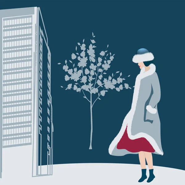 Fille Dans Manteau Chapeau Avec Garniture Fourrure Paysage Urbain Hivernal — Image vectorielle