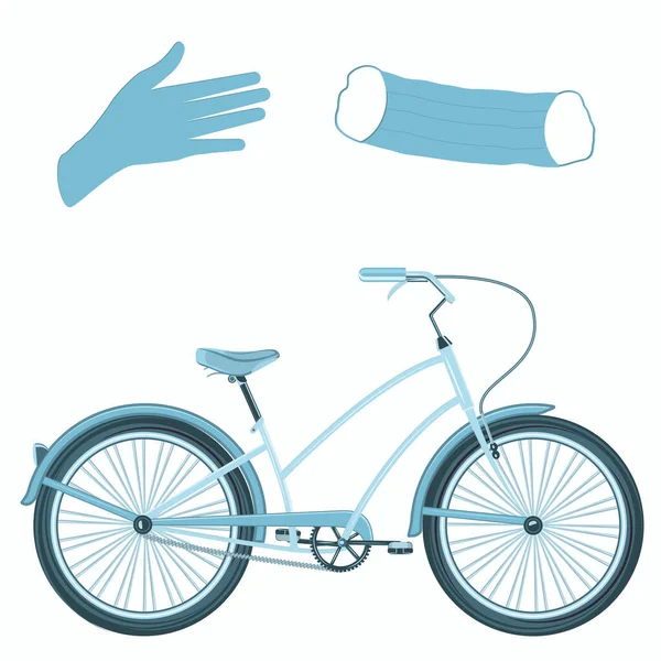 Велосипед Перчатки Медицинская Маска Изолированный Белый Фон Вектор Защитные Меры — стоковый вектор