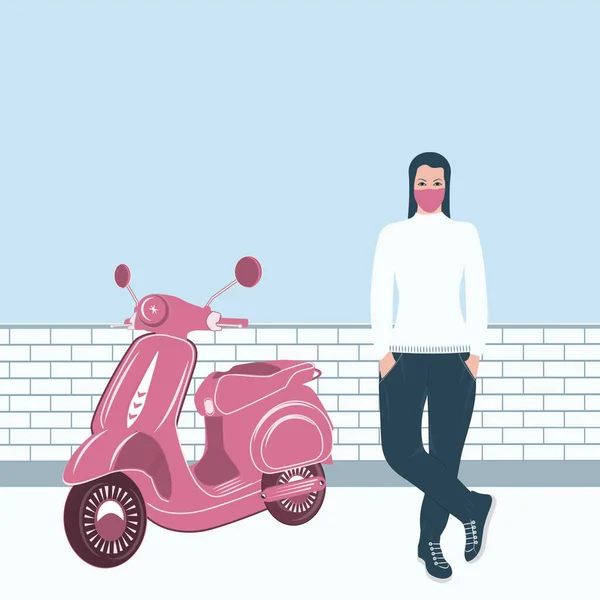 Scooter Mulher Máscara Médica Vetor Medidas Protecção Individual Alternativa Aos — Vetor de Stock