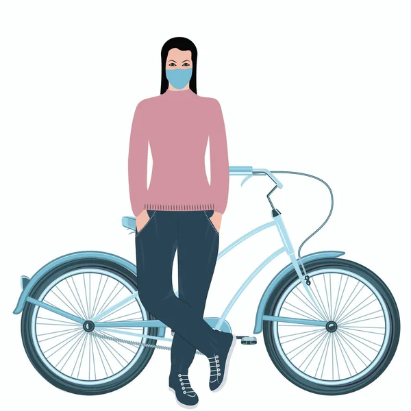 医療用マスクの女性 自転車 隔離された白い背景 ベクトル 保護処分 — ストックベクタ