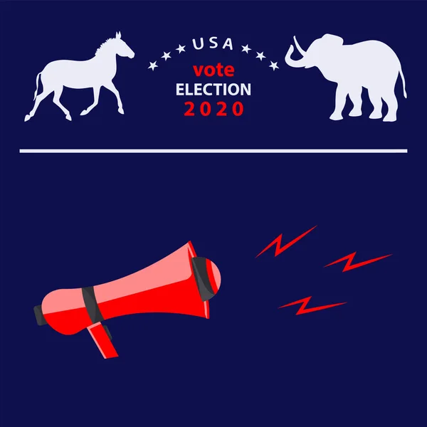 Megaphone Symbols Elephant Donkey Vector Usa Election 2020 Banner — Stock Vector