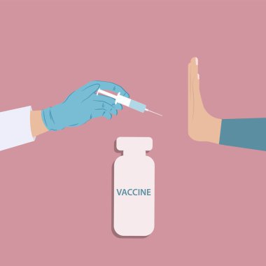 Enjeksiyon prosedürünü reddetmek - doktorun elinde şırınga ile - vektör. Virüs enfeksiyonuna karşı koruma. Tıbbi Aşılama.