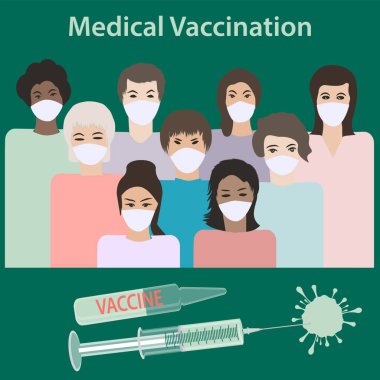 Tıbbi aşılama. Maske takan bir grup insan, vektör. Virüs enfeksiyonuna karşı koruma.