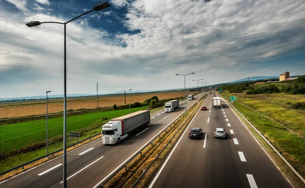White Lorries Passing Highway Traffic Colorful Landscape — Stock Photo, Image