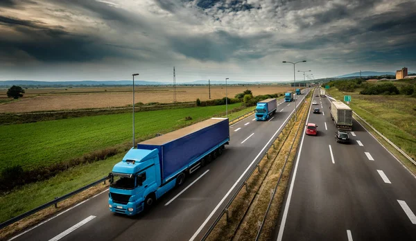 Karavan veya çizgi bir ülke karayolu üzerinde mavi kamyon kamyon konvoyu